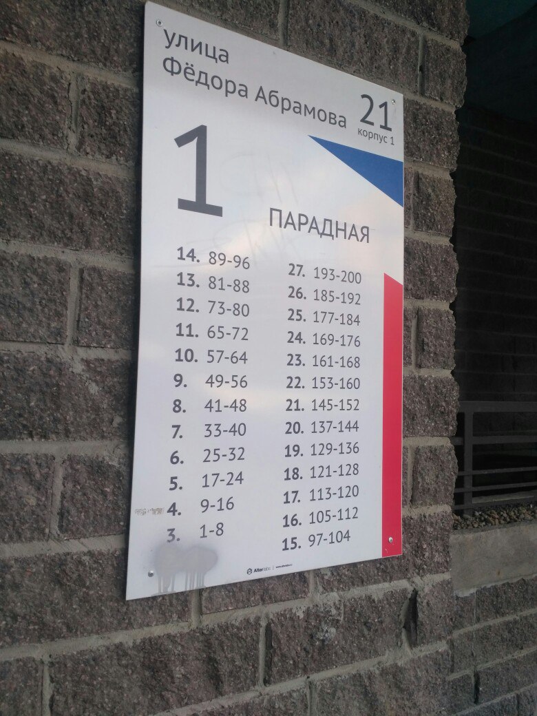 г. Санкт-Петербург, п. Парголово, ул. Федора Абрамова, д. 21, к. 1, лит. А-вход снаружи