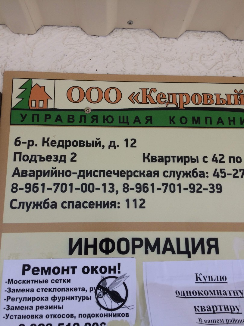 обл. Кемеровская, г. Кемерово, б-р. Кедровый, д. 12-вход снаружи